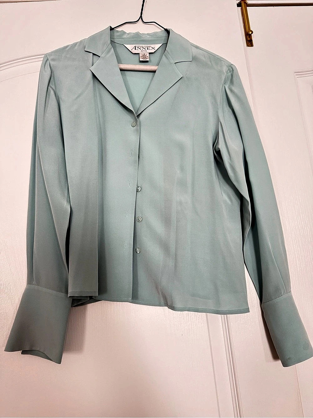 Annex Casual Corner Annex Petite Silk Button Front Blouse in Mint Green